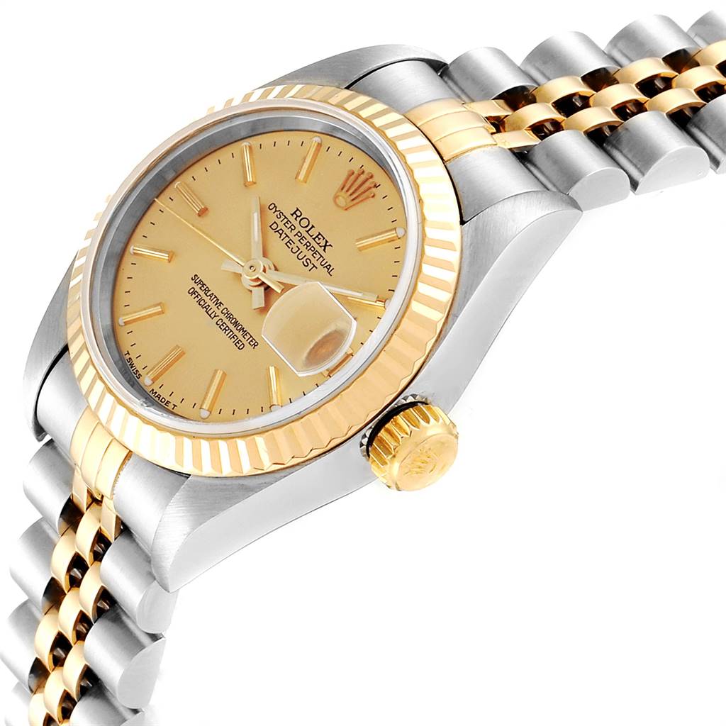 The image shows a Rolex Datejust 69173 Women's Steel and Gold (two tone) Champagne Dial 69173 Women's Steel and Gold (two tone) Champagne Dial watch at an angle displaying its face, bezel, crown, and part of the bracelet.