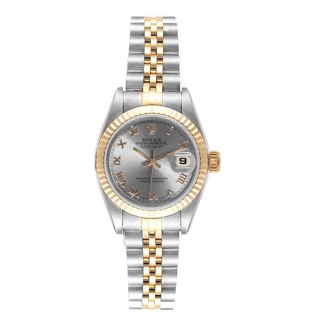 This image shows a frontal view of the Rolex Datejust 69173 Women's Stainless Steel Silver Dial 69173 Women's Stainless Steel Silver Dial watch, highlighting the dial, bezel, and two-tone bracelet.