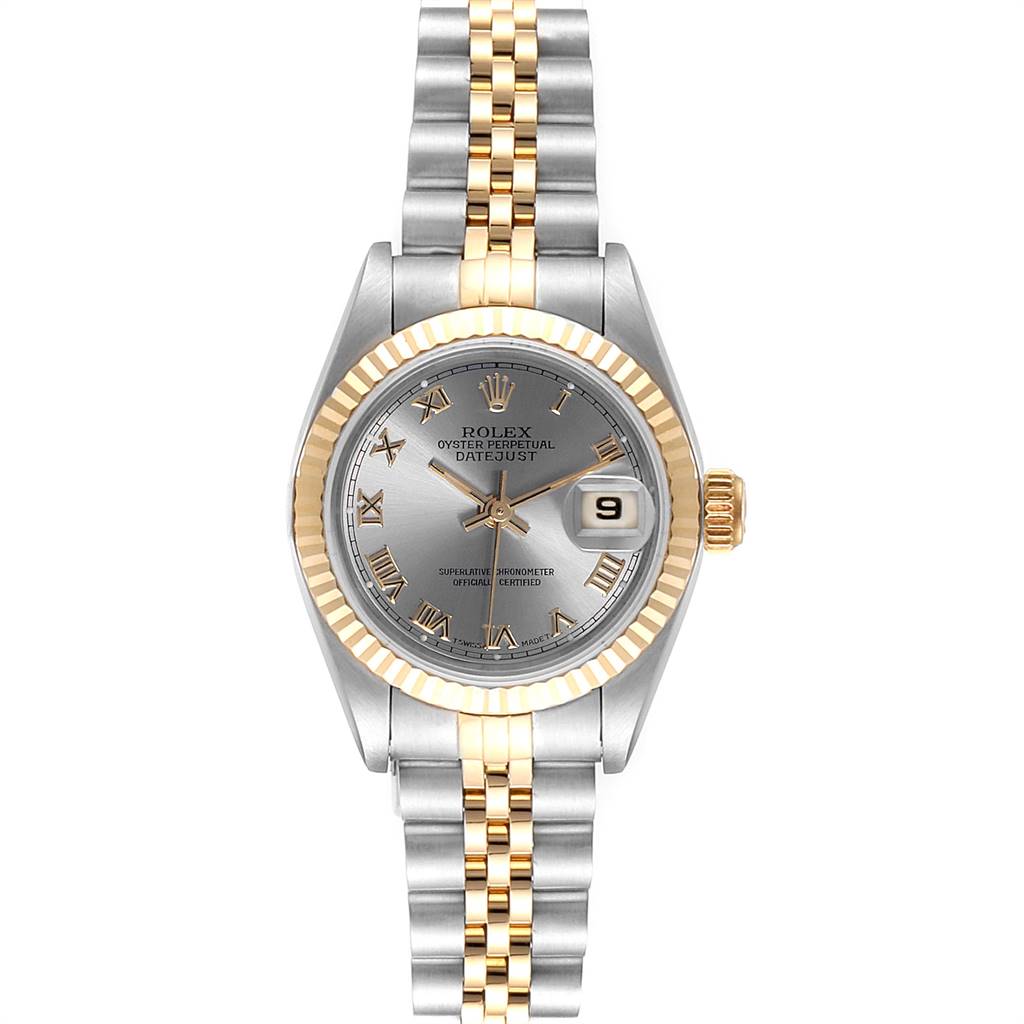 This is a Rolex Datejust 69173 Women's Stainless Steel Silver Dial 69173 Women's Stainless Steel Silver Dial watch viewed from the front, showcasing its dial, hands, bezel, and bracelet.