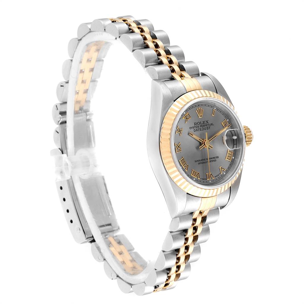 The image shows a side view of a Rolex Datejust 69173 Women's Stainless Steel Silver Dial 69173 Women's Stainless Steel Silver Dial model, highlighting its two-tone bracelet and fluted bezel.