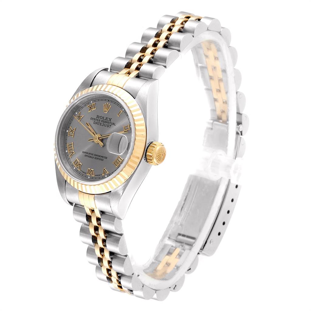 This image shows a Rolex Datejust 69173 Women's Stainless Steel Silver Dial 69173 Women's Stainless Steel Silver Dial watch at a slight angle, displaying its two-tone bracelet, bezel, and dial with Roman numerals.