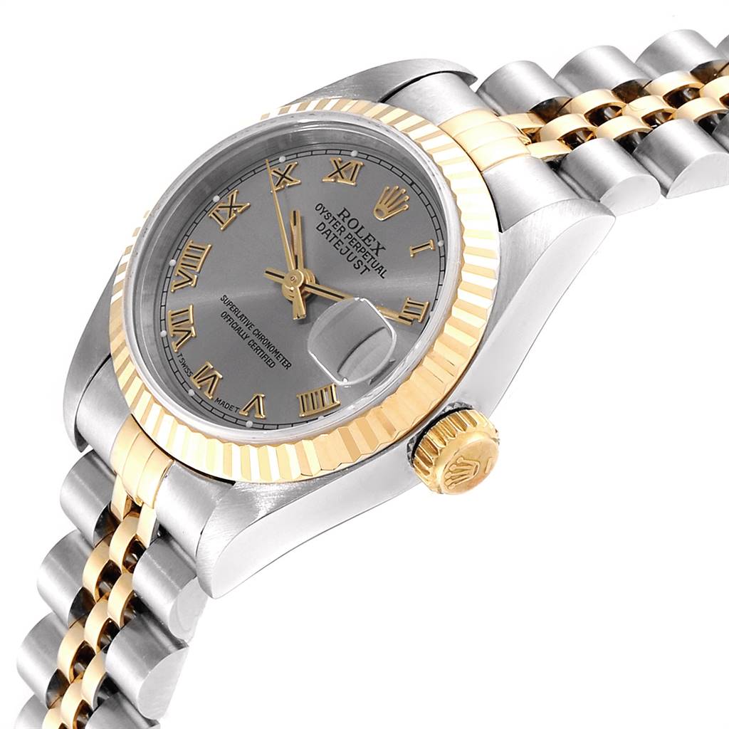 The image shows a Rolex Datejust 69173 Women's Stainless Steel Silver Dial 69173 Women's Stainless Steel Silver Dial watch at an angle, highlighting its dial, fluted bezel, and Jubilee bracelet.