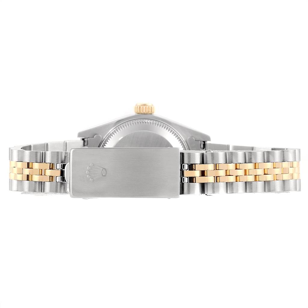 The image shows the back view of a Rolex Datejust 69173 Women's Stainless Steel Silver Dial 69173 Women's Stainless Steel Silver Dial watch, specifically highlighting the clasp and the bracelet.