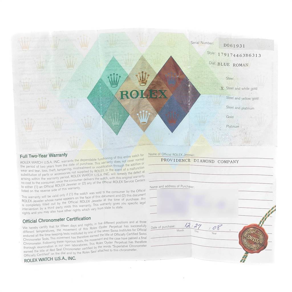 The image shows ownership and warranty paperwork for the Datejust model by Rolex.