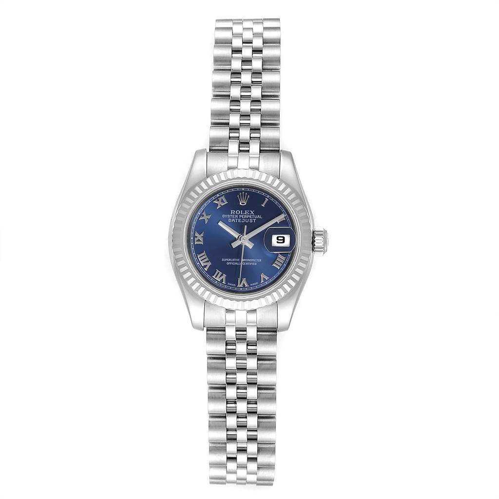This Rolex Datejust 179174 Women's Stainless Steel Blue Dial 179174 Women's Stainless Steel Blue Dial watch is shown from a front angle, displaying the face, bezel, and the stainless steel bracelet.
