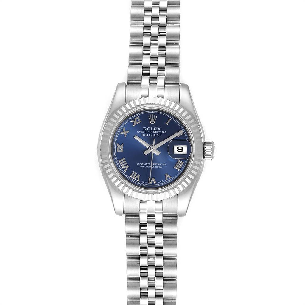 This image shows a Rolex Datejust 179174 Women's Stainless Steel Blue Dial 179174 Women's Stainless Steel Blue Dial watch, featuring its blue dial, roman numerals, date window at 3 o'clock, and jubilee bracelet.