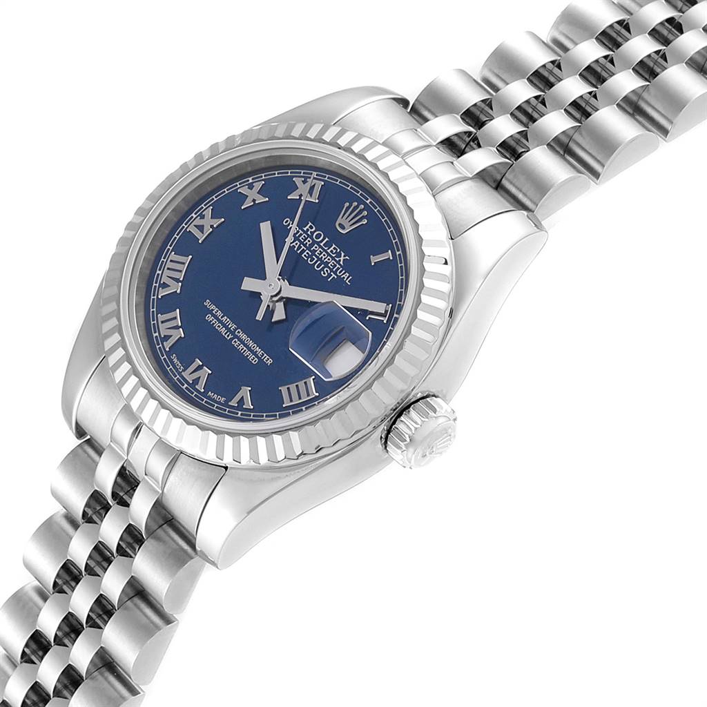 The image shows a Rolex Datejust 179174 Women's Stainless Steel Blue Dial 179174 Women's Stainless Steel Blue Dial watch from an angled top view, highlighting the dial, bezel, case, and bracelet.