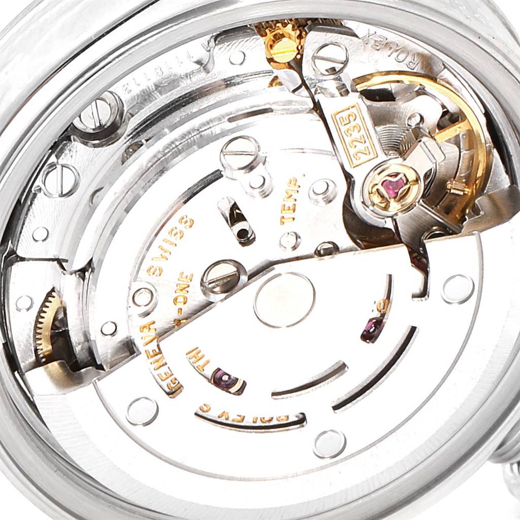 This image shows the inner mechanical movement of a Rolex Datejust 79174 Women's Stainless Steel Black Dial 79174 Women's Stainless Steel Black Dial watch from a close-up angle.