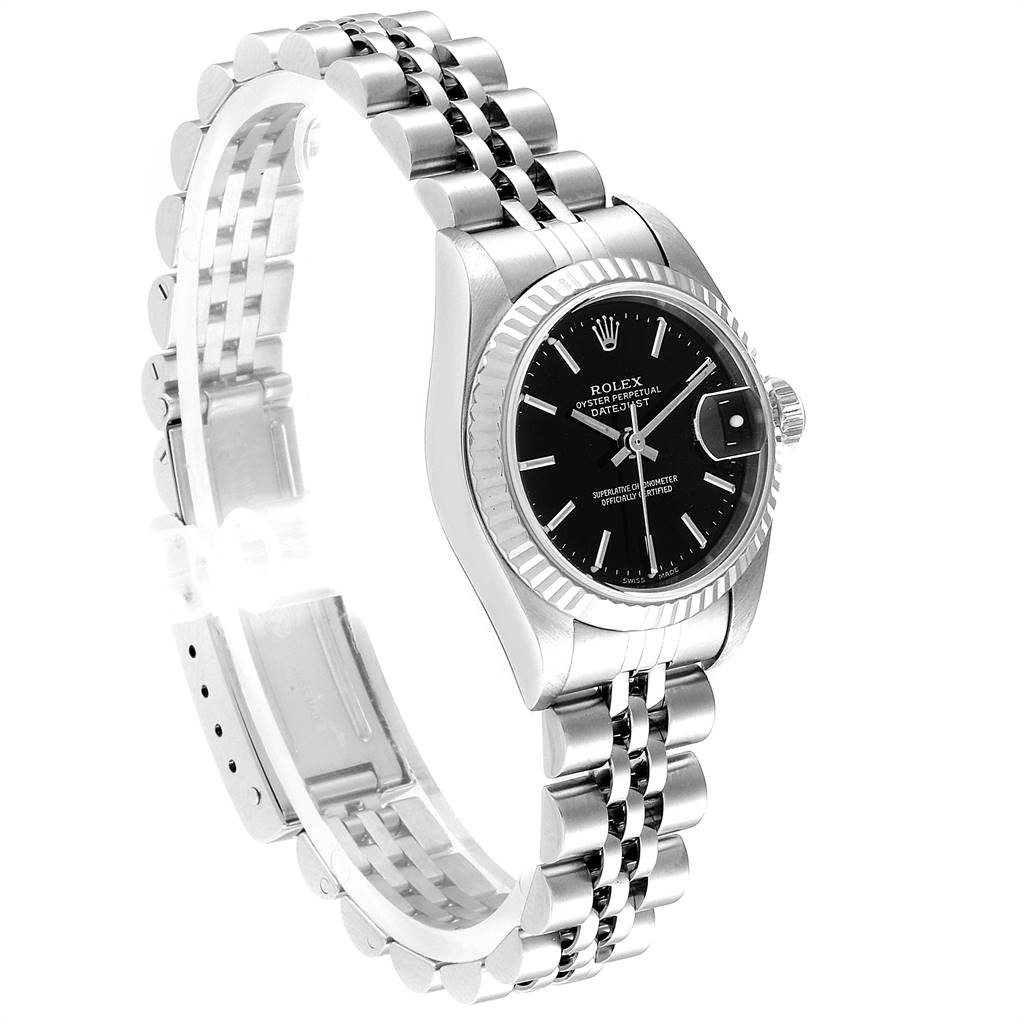 The Rolex Datejust 79174 Women's Stainless Steel Black Dial 79174 Women's Stainless Steel Black Dial watch is shown from a three-quarter view, displaying the dial, bezel, and Jubilee bracelet.