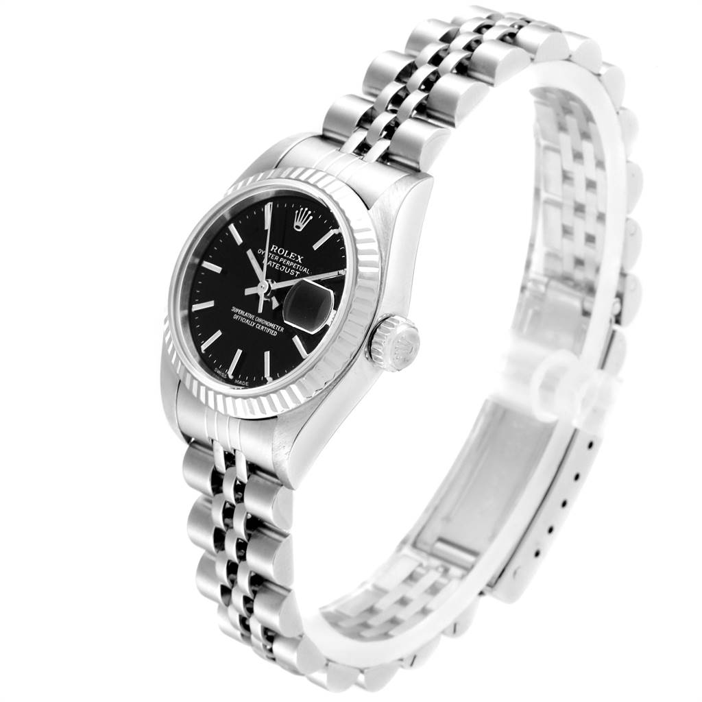 The Rolex Datejust 79174 Women's Stainless Steel Black Dial 79174 Women's Stainless Steel Black Dial watch is shown at an angled view, featuring its face, bezel, crown, and bracelet.