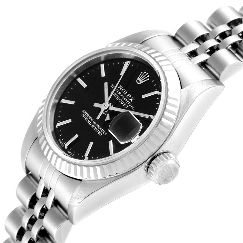 This image shows a side angle of the Rolex Datejust 79174 Women's Stainless Steel Black Dial 79174 Women's Stainless Steel Black Dial watch, highlighting the dial, bezel, crown, and part of the bracelet.