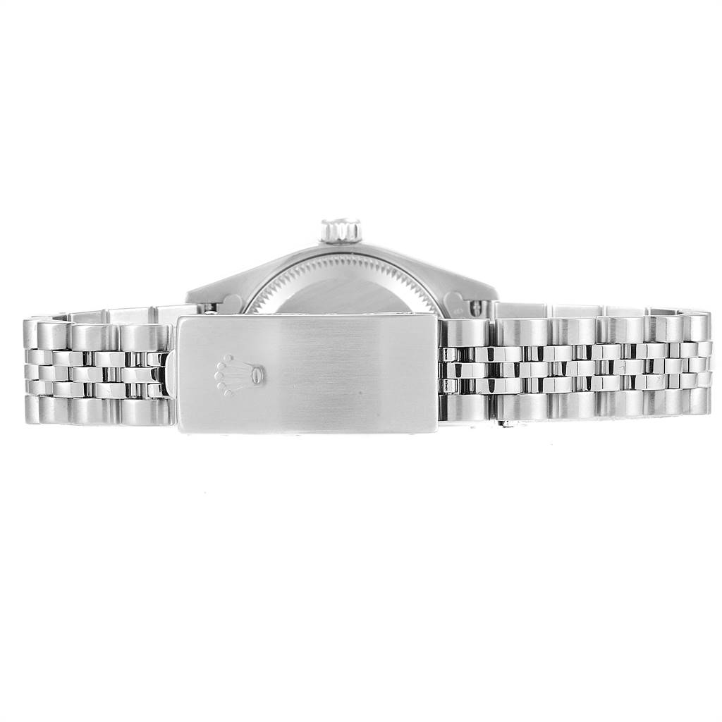 The image shows the closed clasp and bracelet of a Rolex Datejust 79174 Women's Stainless Steel Black Dial 79174 Women's Stainless Steel Black Dial watch from the back.