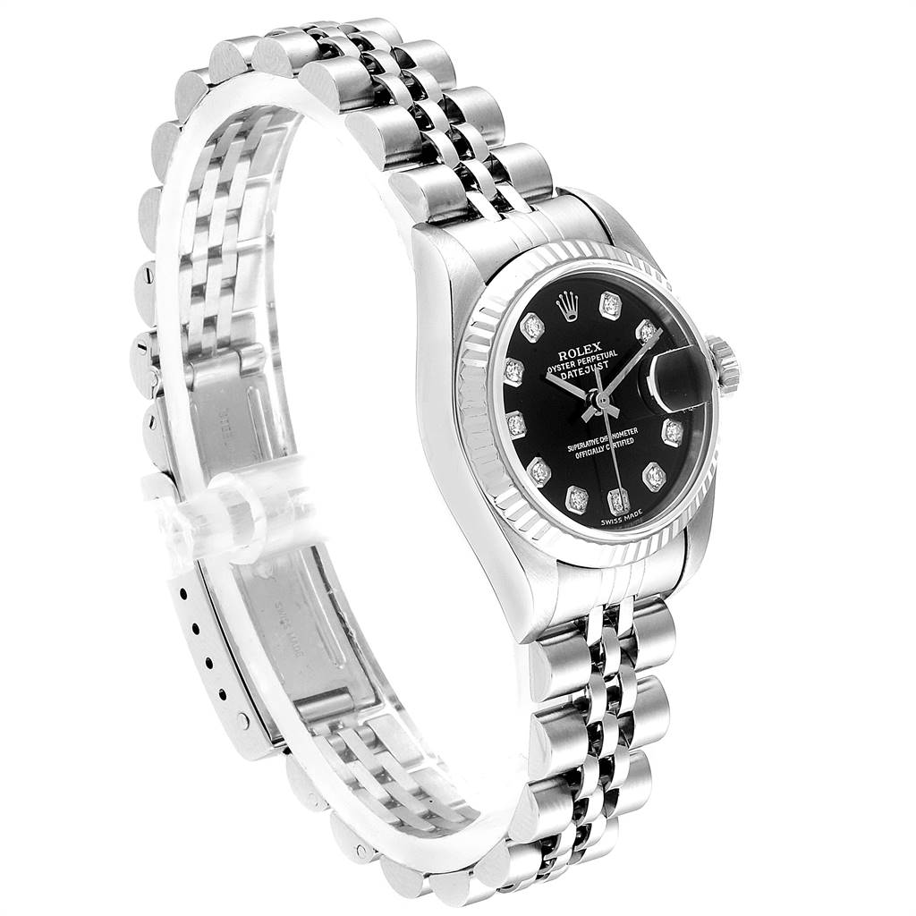 The image shows a side and angled view of a Rolex Datejust 79174 Women
s Stainless Steel Black Dial 79174 Women
s Stainless Steel Black Dial watch with its dial, bracelet, and clasp visible.