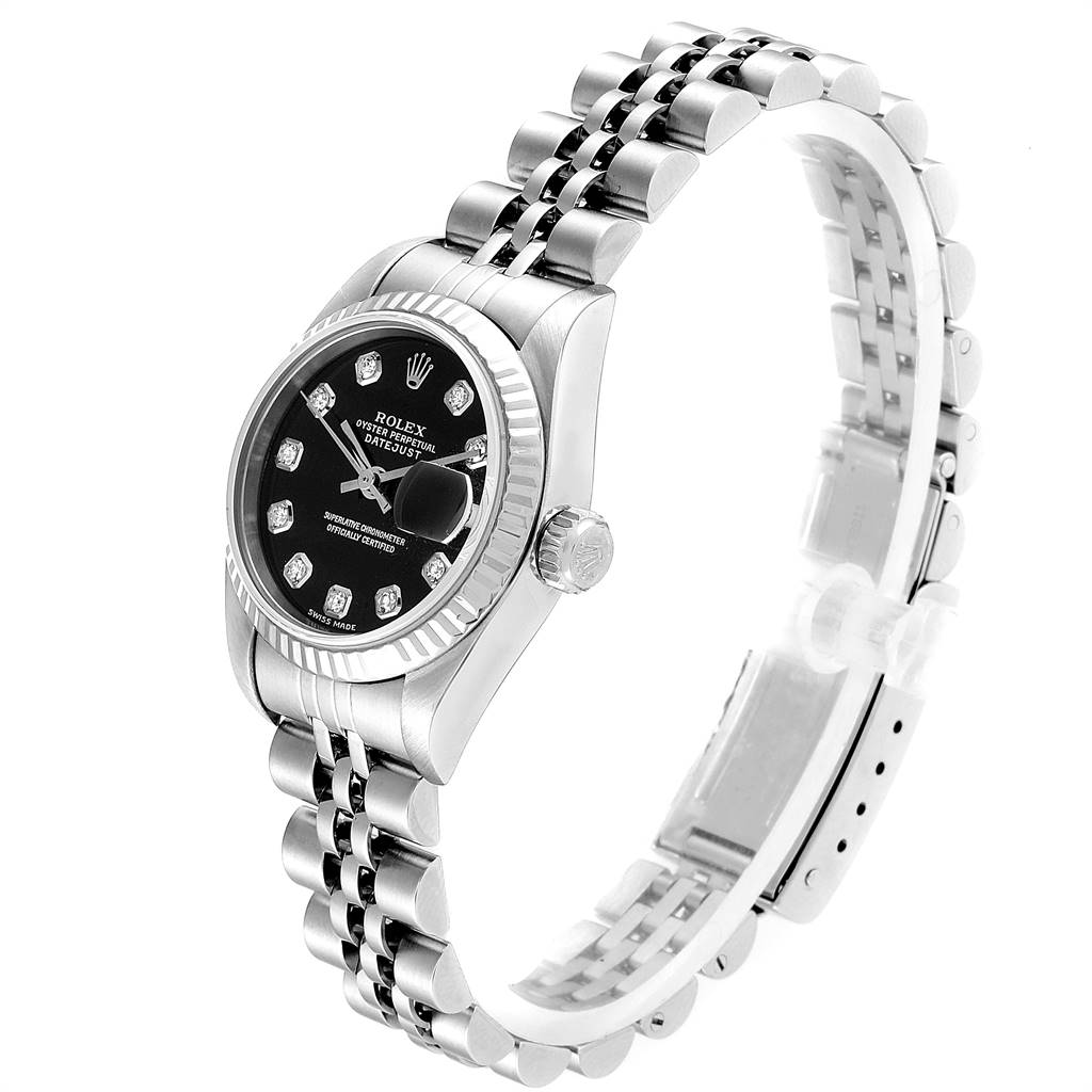 This image shows a side angle view of the Rolex Datejust 79174 Women
s Stainless Steel Black Dial 79174 Women
s Stainless Steel Black Dial watch, focusing on the watch face, bezel, and bracelet.