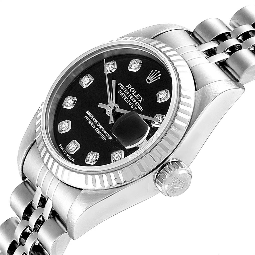 This image shows a Rolex Datejust 79174 Women
s Stainless Steel Black Dial 79174 Women
s Stainless Steel Black Dial watch at an angle highlighting the face, bezel, crown, and part of the bracelet.