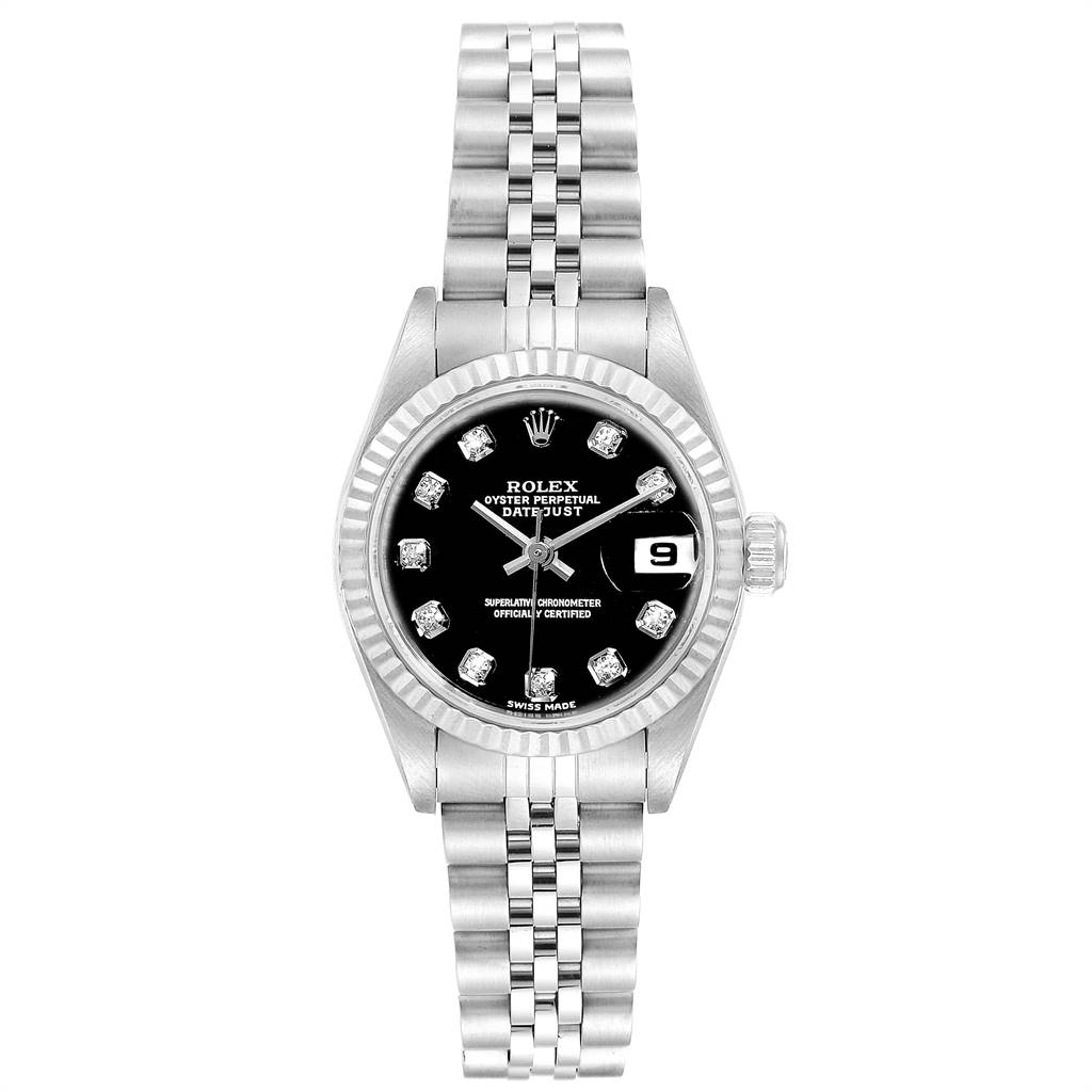 The image shows a front view of a Rolex Datejust 79174 Women
s Stainless Steel Black Dial 79174 Women
s Stainless Steel Black Dial watch, displaying its dial, bezel, and bracelet.