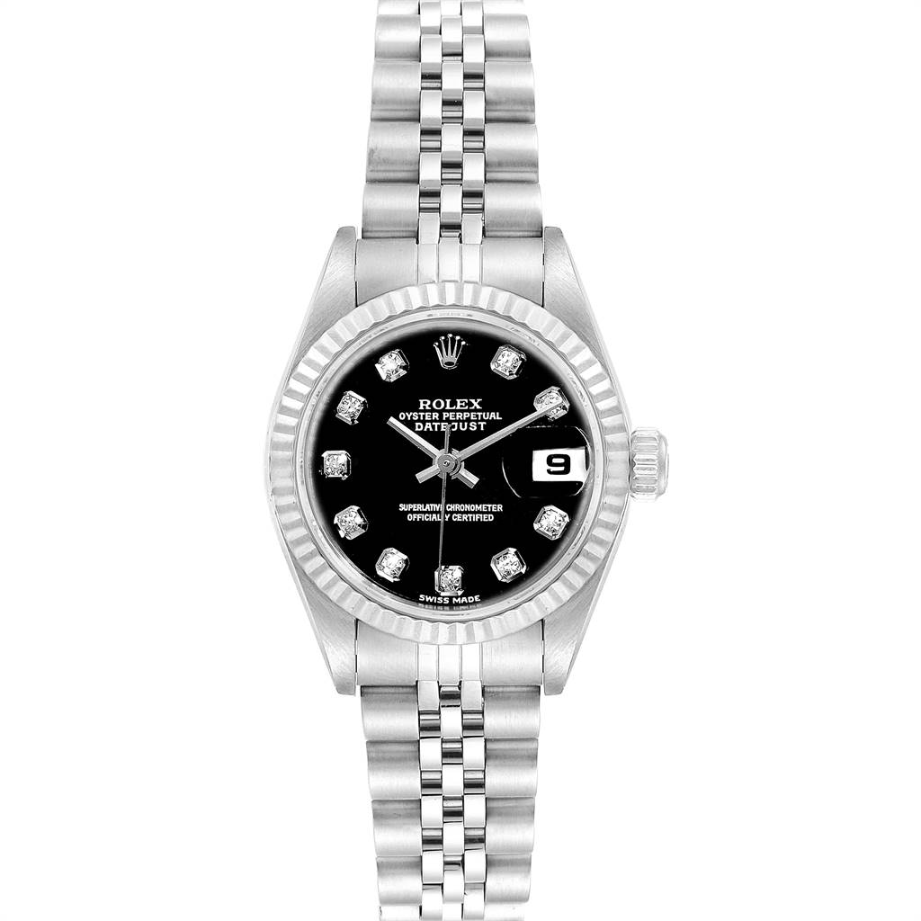 The image shows a front view of a Rolex Datejust 79174 Women
s Stainless Steel Black Dial 79174 Women
s Stainless Steel Black Dial watch, displaying its bezel, dial, date window, and bracelet.