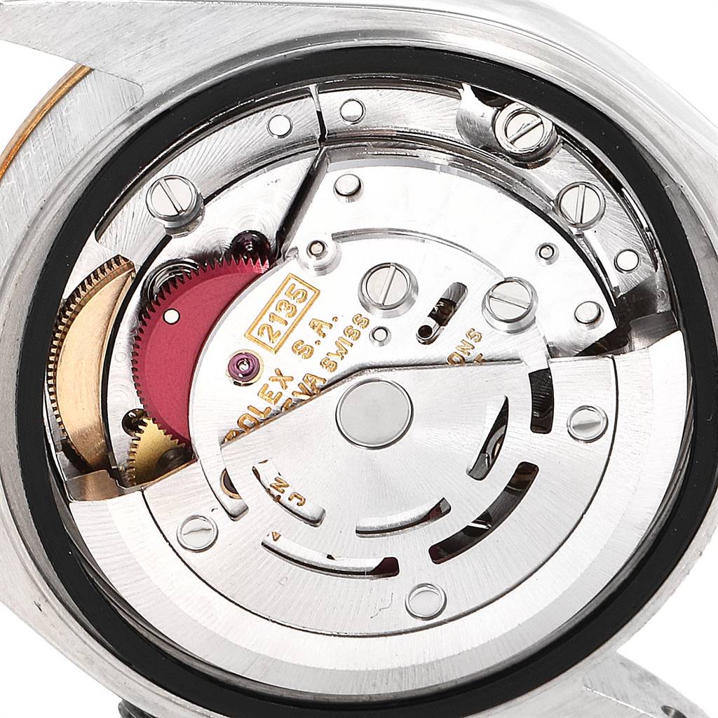This image shows a close-up view of the internal movement mechanism of a Rolex Datejust 69173 Women's Stainless Steel Silver Dial 69173 Women's Stainless Steel Silver Dial watch.