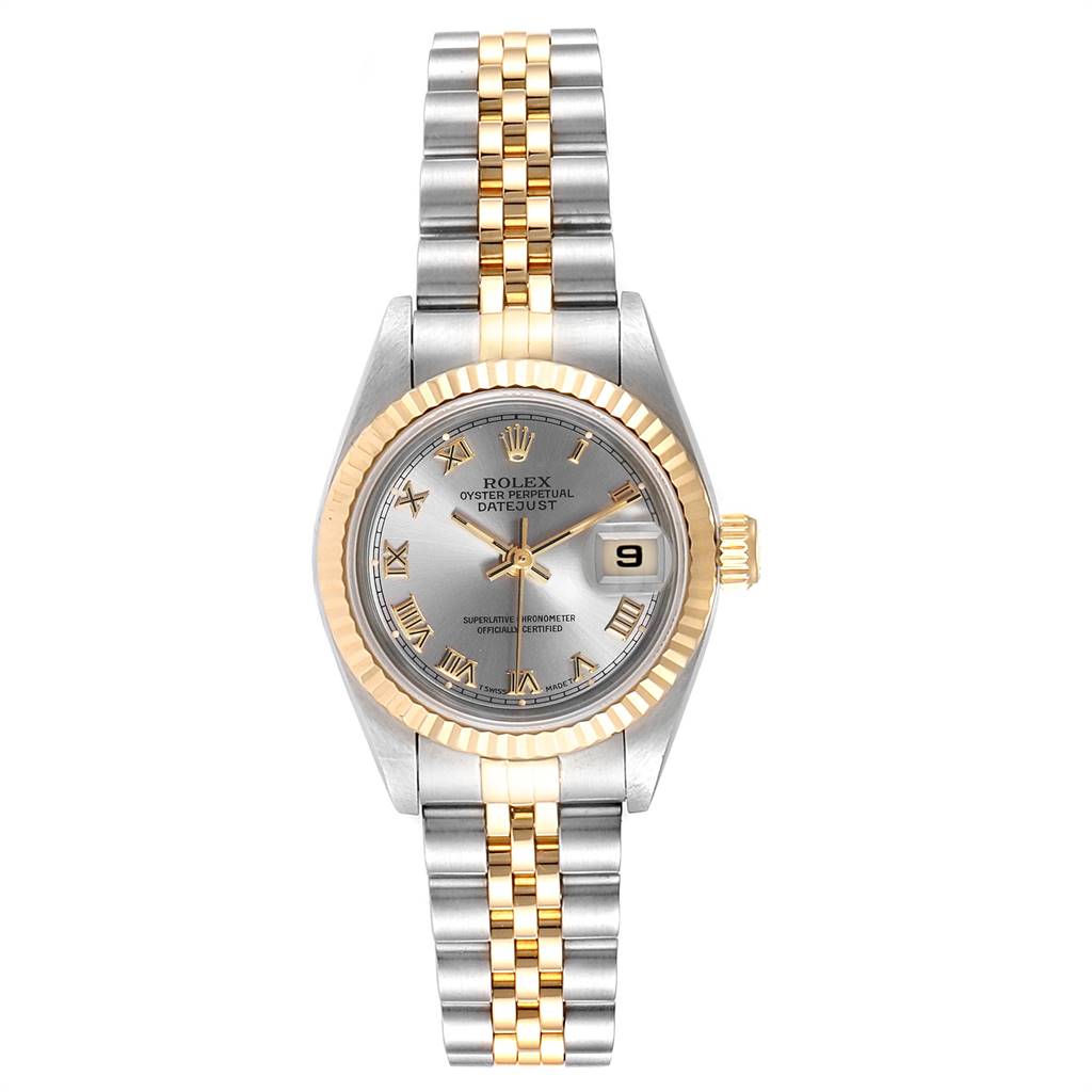 The Rolex Datejust 69173 Women's Stainless Steel Silver Dial 69173 Women's Stainless Steel Silver Dial watch is shown from a top-down angle, highlighting the face, bezel, and two-tone bracelet.