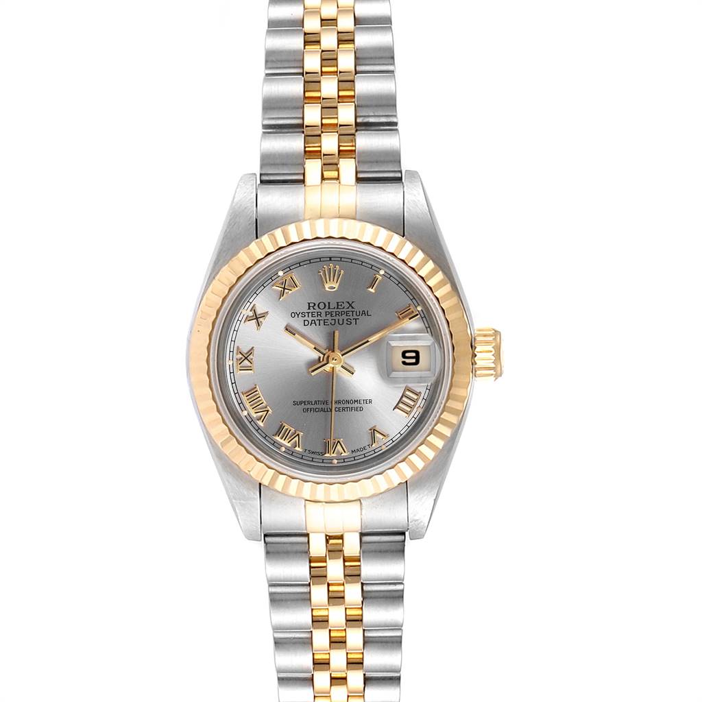 The Rolex Datejust 69173 Women's Stainless Steel Silver Dial 69173 Women's Stainless Steel Silver Dial watch is shown from a front angle, displaying its dial, bezel, and bracelet.