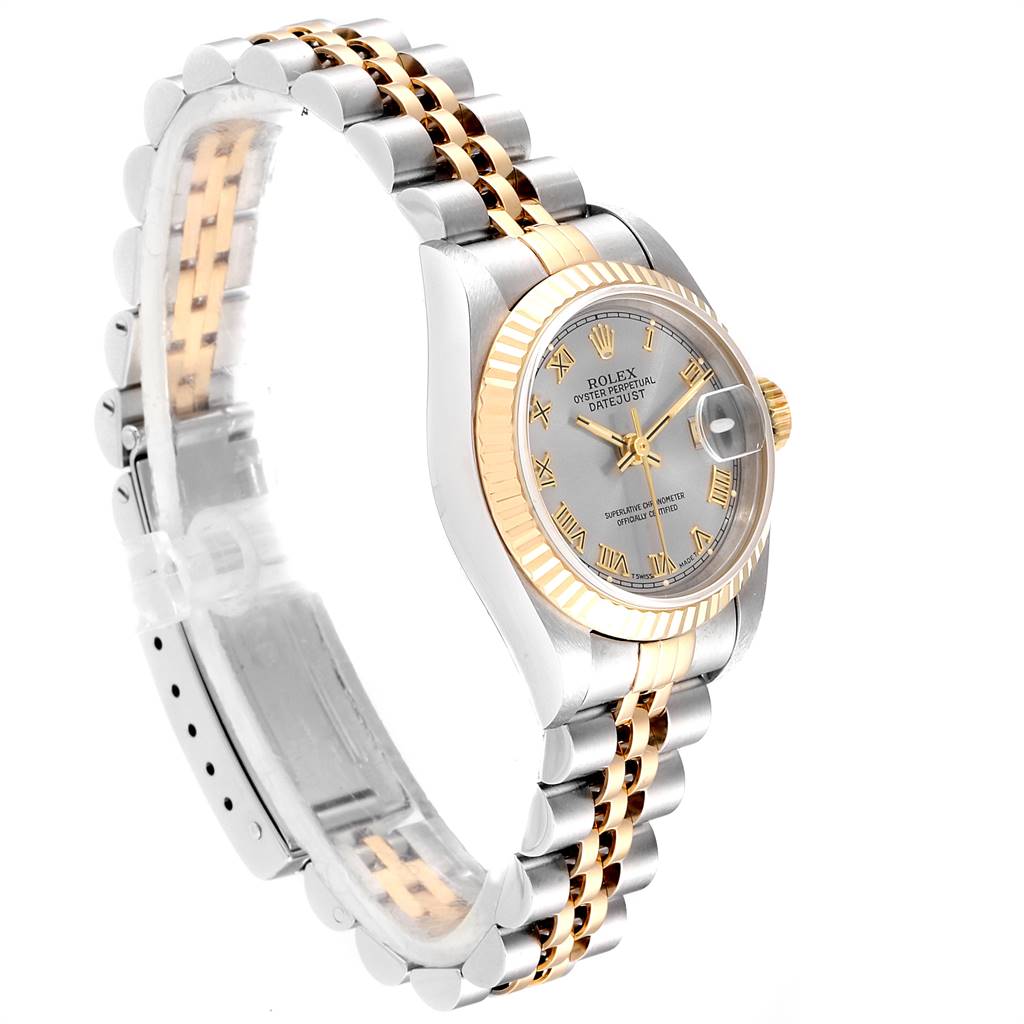 This image shows a side angle of a Rolex Datejust 69173 Women's Stainless Steel Silver Dial 69173 Women's Stainless Steel Silver Dial watch, highlighting its two-tone bracelet, bezel, and dial.