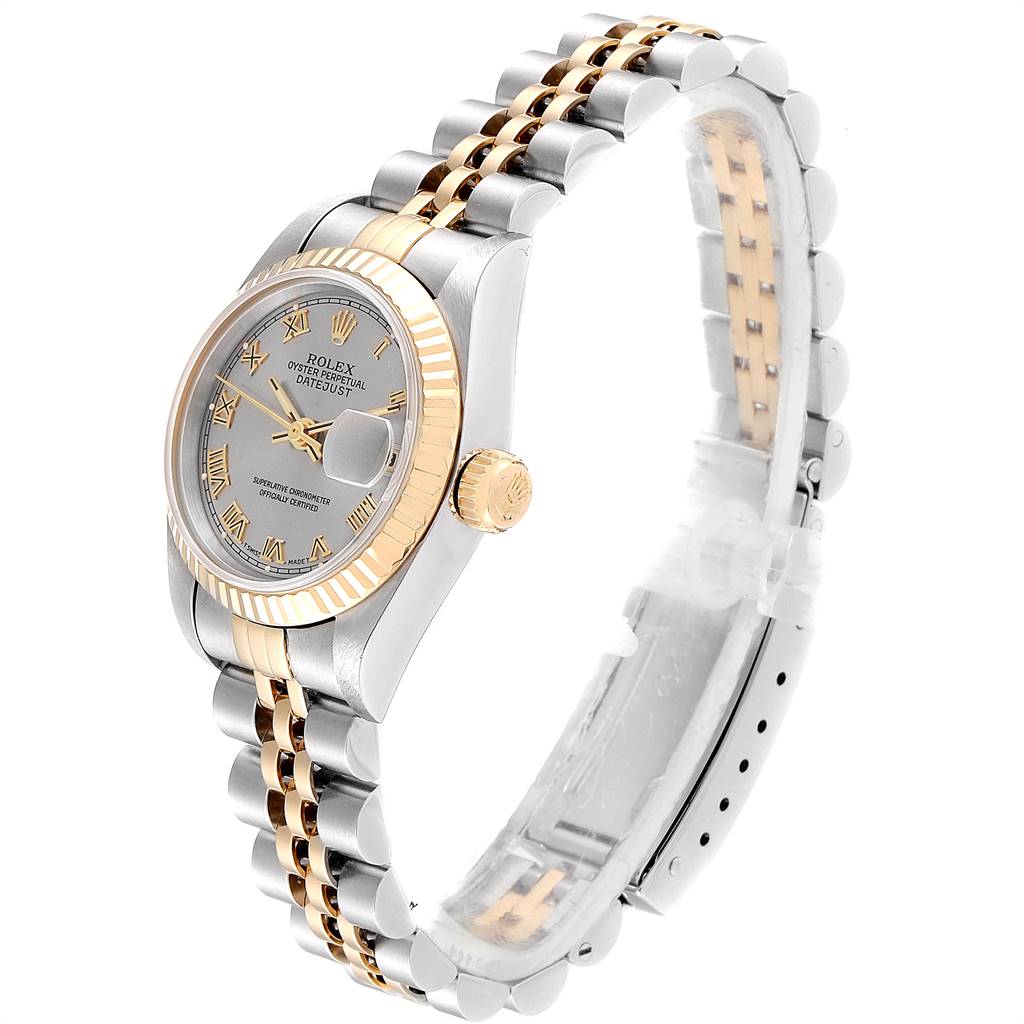 This Rolex Datejust 69173 Women's Stainless Steel Silver Dial 69173 Women's Stainless Steel Silver Dial model is shown from a three-quarter angle, highlighting the two-tone bracelet and fluted bezel.