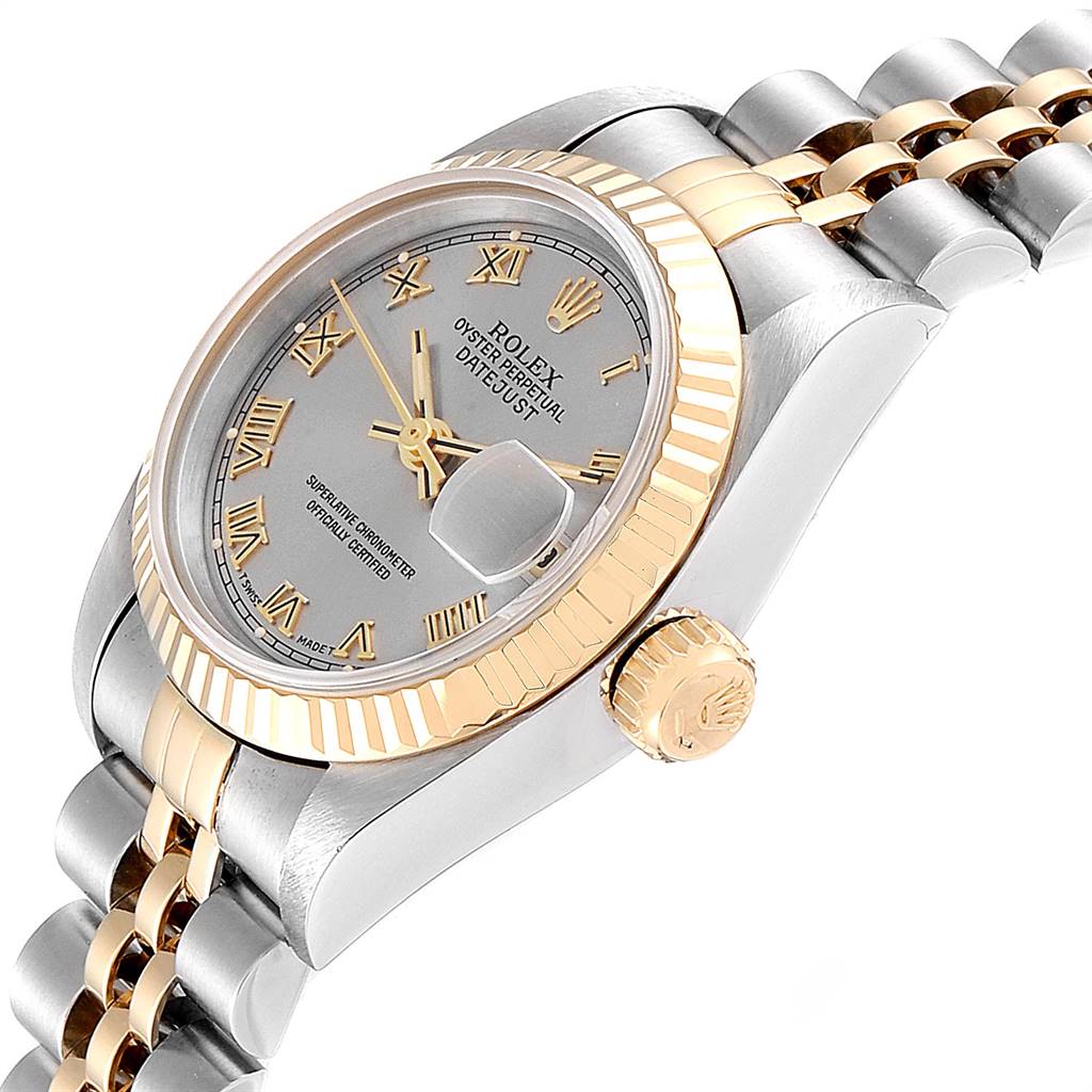 The Rolex Datejust 69173 Women's Stainless Steel Silver Dial 69173 Women's Stainless Steel Silver Dial watch is shown from a three-quarter angle, highlighting its bezel, dial, crown, and part of the bracelet.