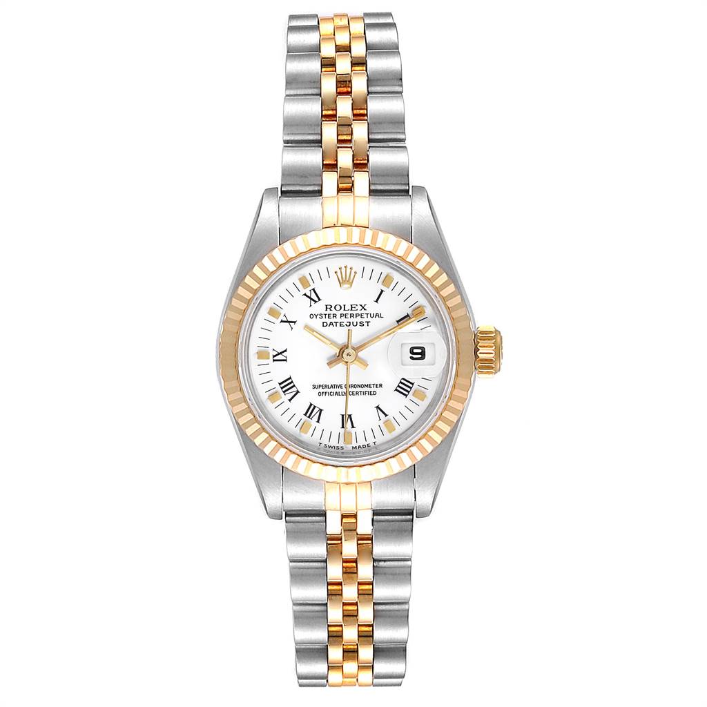 The image shows a Rolex Datejust 69173 Women's Stainless Steel White Dial 69173 Women's Stainless Steel White Dial watch from a frontal angle, displaying the dial, bezel, and two-tone bracelet.
