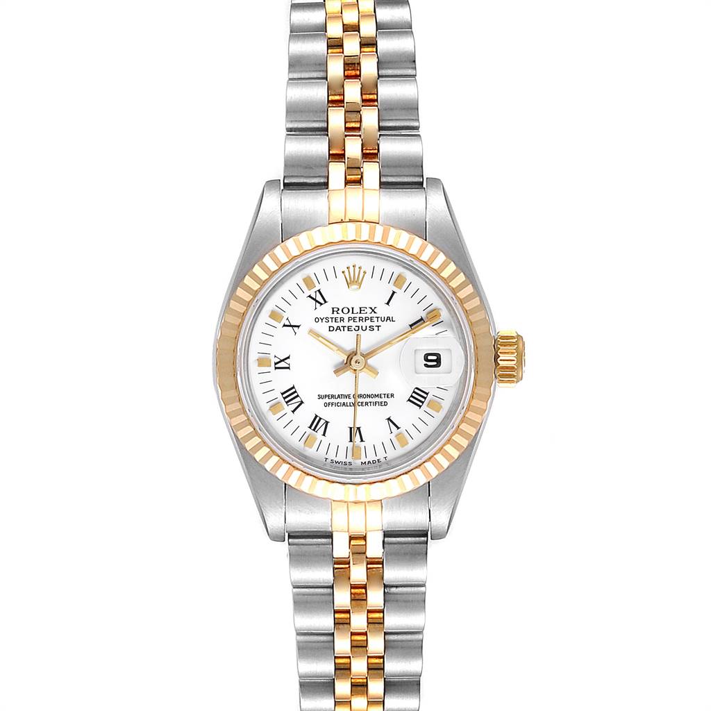 This image shows a frontal view of the Rolex Datejust 69173 Women's Stainless Steel White Dial 69173 Women's Stainless Steel White Dial watch, highlighting the face, bezel, and two-tone metal bracelet.