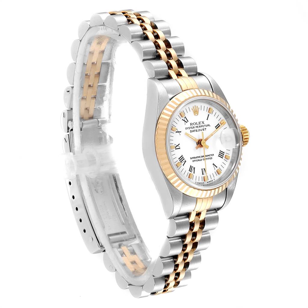 The image shows a side angle of the Rolex Datejust 69173 Women's Stainless Steel White Dial 69173 Women's Stainless Steel White Dial watch, highlighting its two-tone band, fluted bezel, and white dial with Roman numerals.