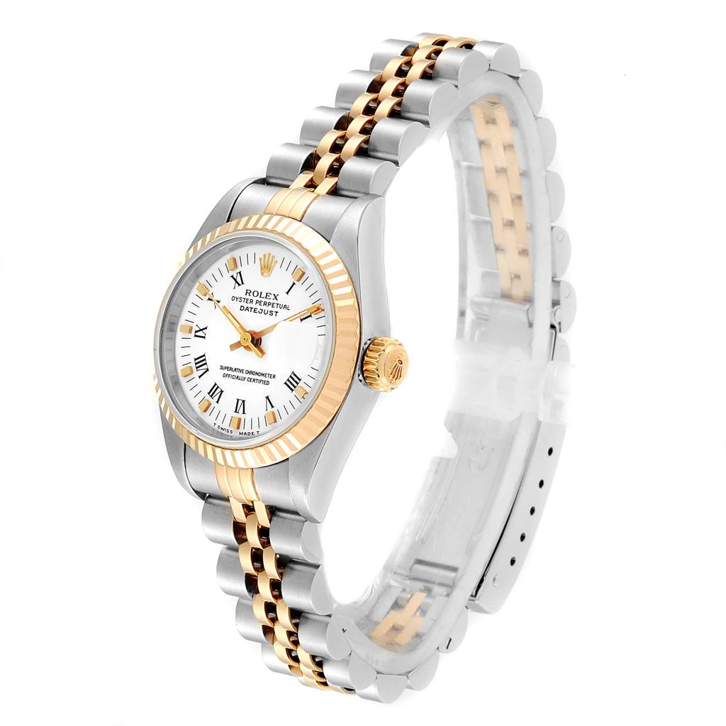 This image shows a Rolex Datejust 69173 Women's Stainless Steel White Dial 69173 Women's Stainless Steel White Dial watch at a three-quarter angle, highlighting the dial, bezel, crown, and bracelet.