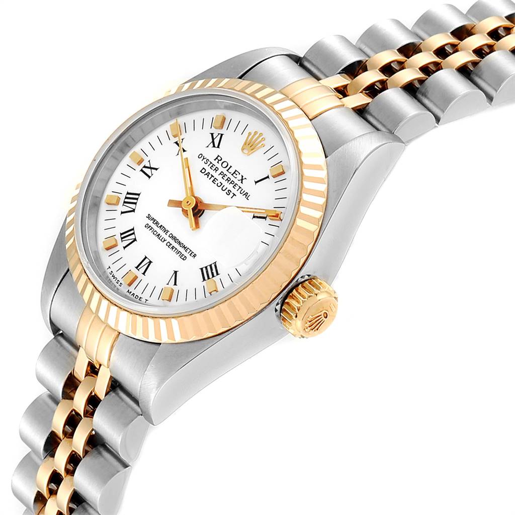 The image shows a Rolex Datejust 69173 Women's Stainless Steel White Dial 69173 Women's Stainless Steel White Dial watch angled from the left side, highlighting the dial, bezel, crown, and part of the bracelet.