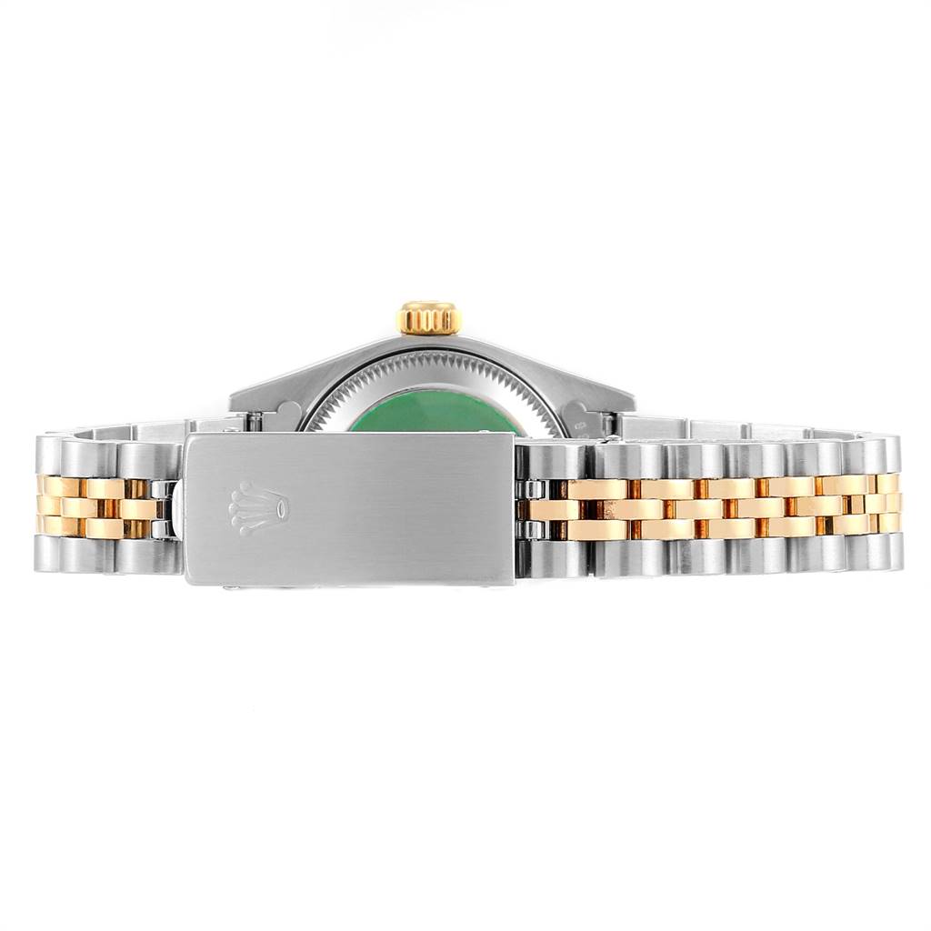 This image shows the back view and clasp of the Rolex Datejust 69173 Women's Stainless Steel White Dial 69173 Women's Stainless Steel White Dial watch, highlighting its two-tone metal bracelet.