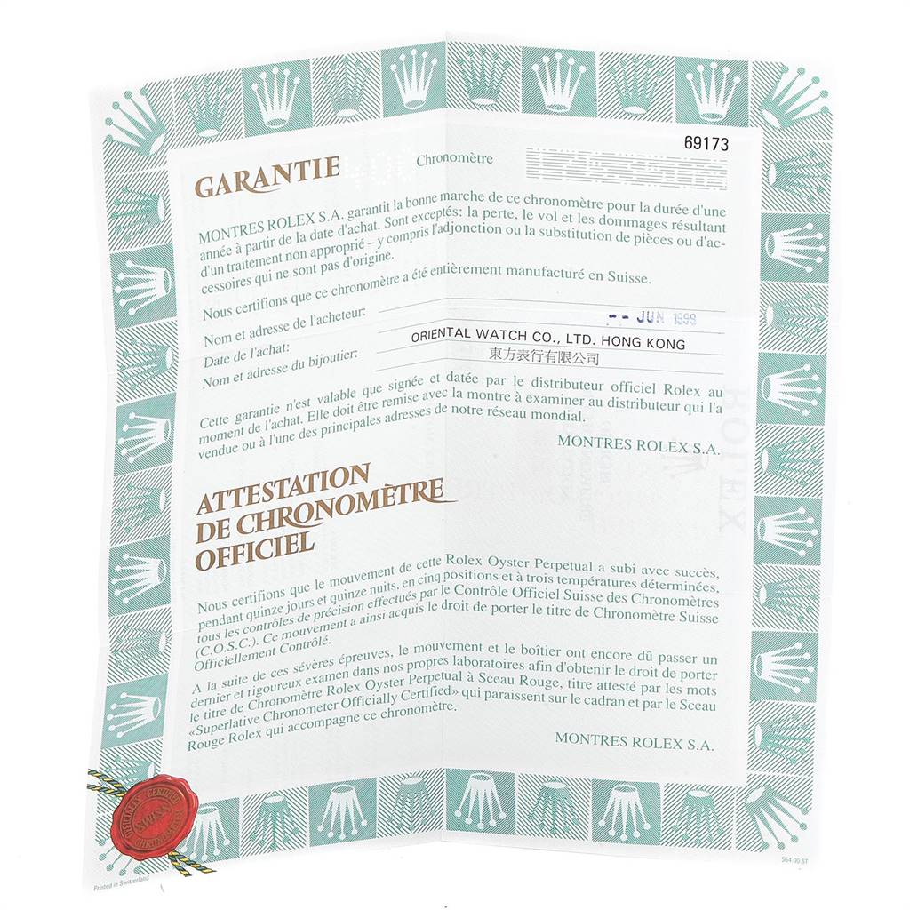 This image shows the warranty certificate for the Rolex Datejust 69173 Women's Stainless Steel White Dial 69173 Women's Stainless Steel White Dial model, including details about the place and date of purchase.