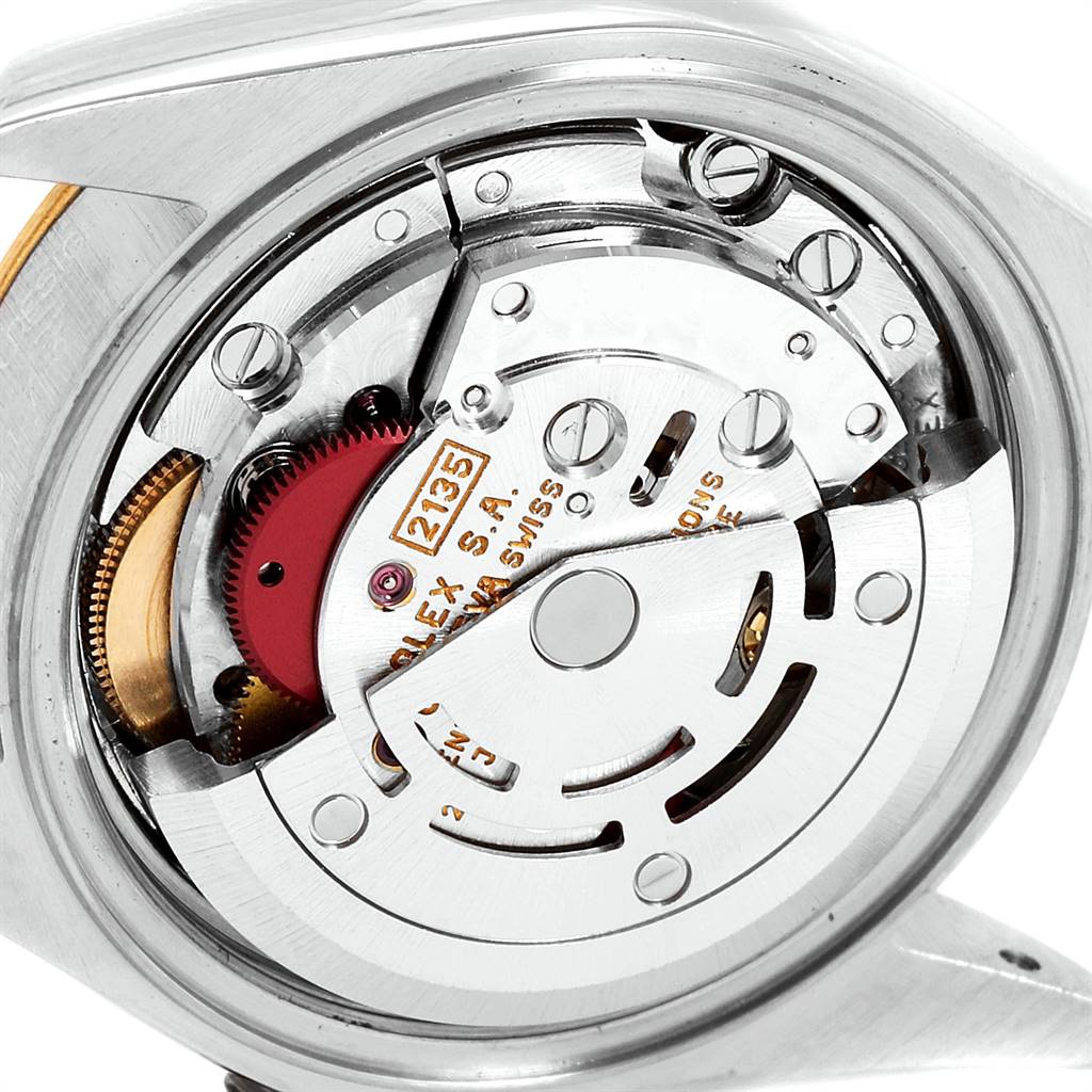 This is a close-up view of the movement mechanism inside a Rolex Datejust 69173 Women's Stainless Steel White Dial 69173 Women's Stainless Steel White Dial model watch.