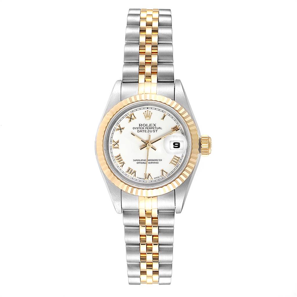 This image shows a front view of a Rolex Datejust 69173 Women's Stainless Steel White Dial 69173 Women's Stainless Steel White Dial watch, including its face, bezel, and bracelet.