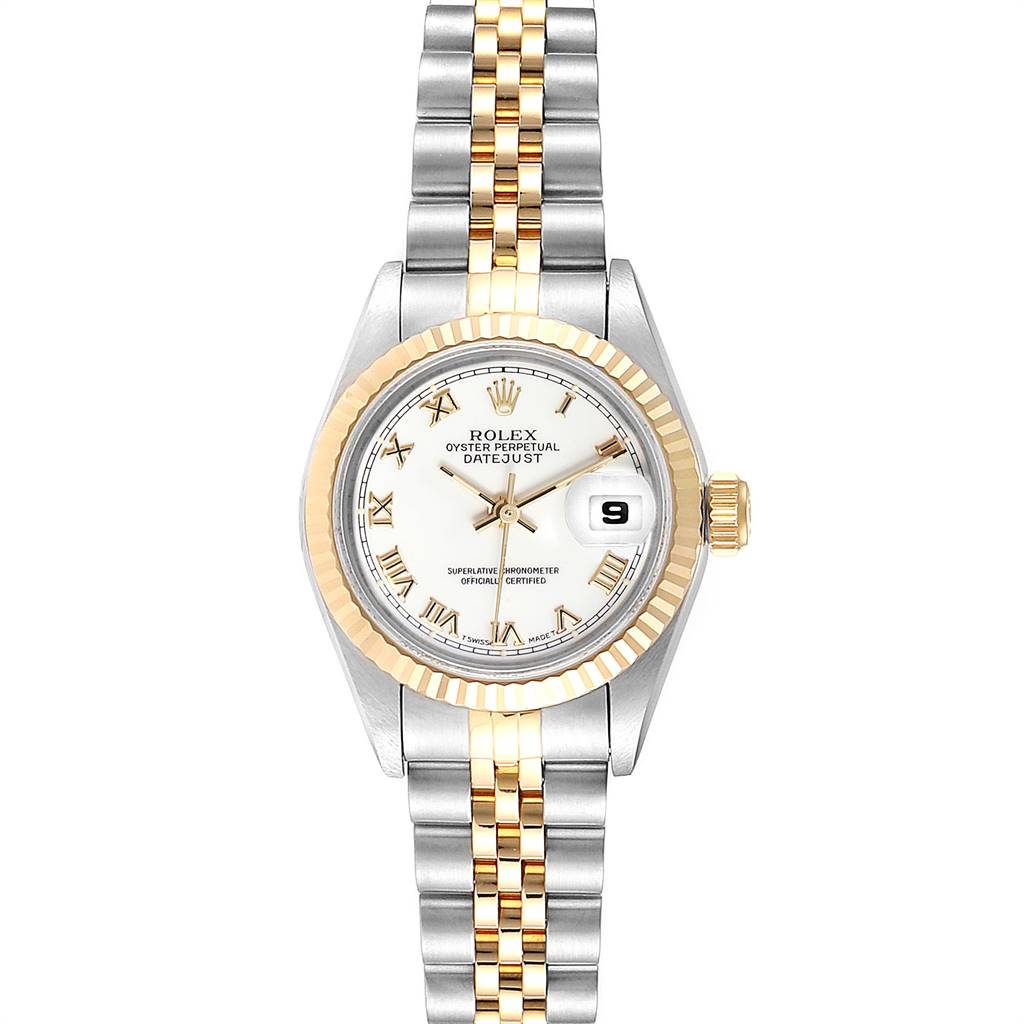 The Rolex Datejust 69173 Women's Stainless Steel White Dial 69173 Women's Stainless Steel White Dial model is shown from a top-down angle, highlighting the dial, bezel, and bracelet.