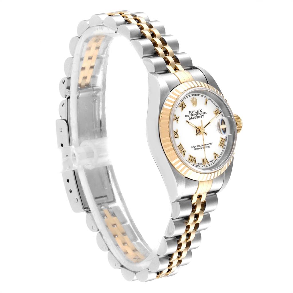 The Rolex Datejust 69173 Women's Stainless Steel White Dial 69173 Women's Stainless Steel White Dial watch is shown from a side angle, highlighting the two-tone bracelet and fluted bezel.