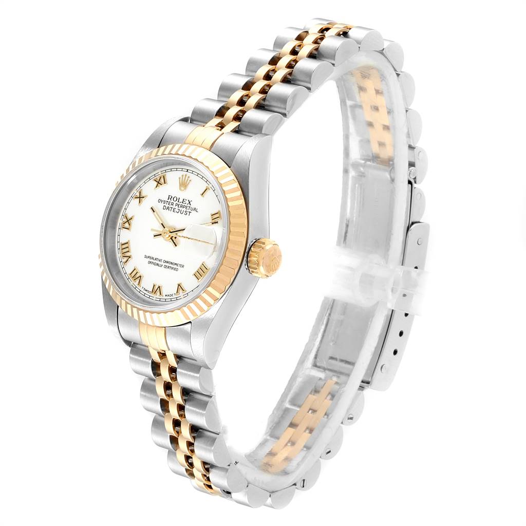 The Rolex Datejust 69173 Women's Stainless Steel White Dial 69173 Women's Stainless Steel White Dial watch is shown at an angled side view, displaying the face, crown, and two-tone bracelet.