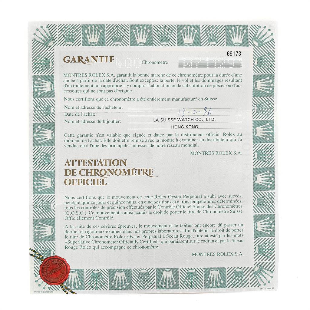 This image shows the warranty and chronometer certification for a Rolex Datejust 69173 Women's Stainless Steel White Dial 69173 Women's Stainless Steel White Dial model watch.