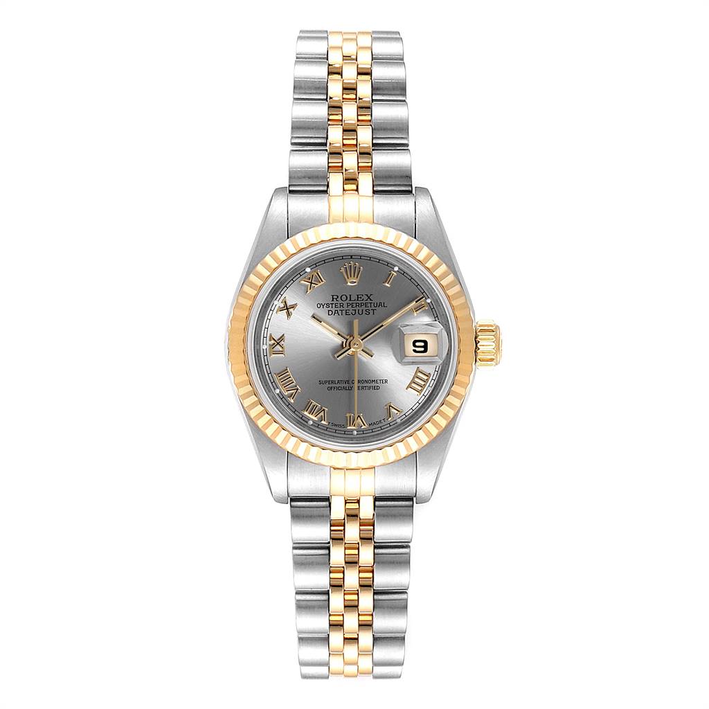 The image shows a front view of the Rolex Datejust 69173 Women
s Stainless Steel Silver Dial 69173 Women
s Stainless Steel Silver Dial watch, highlighting its two-tone bracelet, gold fluted bezel, and silver dial with a date display.