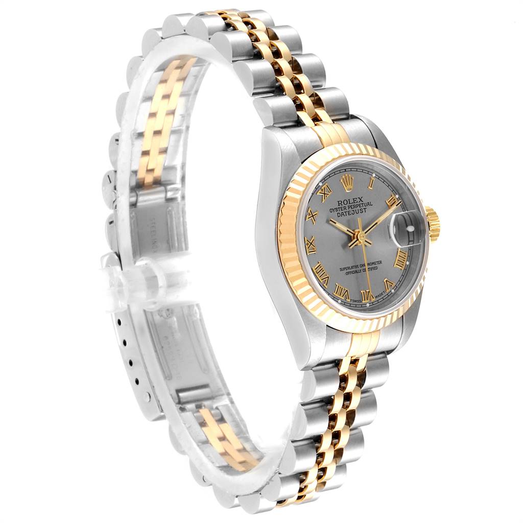 The image shows a Rolex Datejust 69173 Women
s Stainless Steel Silver Dial 69173 Women
s Stainless Steel Silver Dial watch, angled to display the face, bezel, and two-tone bracelet.