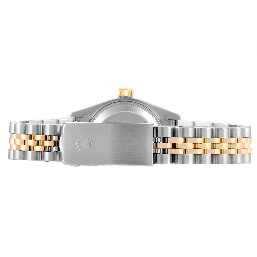 The image shows the back view of a Rolex Datejust 69173 Women
s Stainless Steel Silver Dial 69173 Women
s Stainless Steel Silver Dial watch, highlighting its jubilee bracelet and clasp.