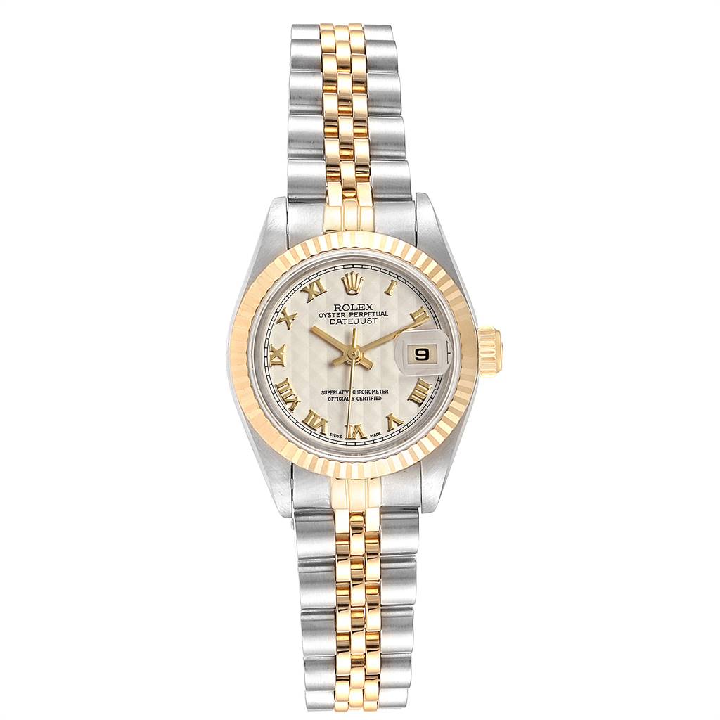 The image shows a Rolex Datejust 69173 Women
s Stainless Steel Beige Dial 69173 Women
s Stainless Steel Beige Dial watch from a top view, highlighting its dial, bezel, and two-tone Jubilee bracelet.