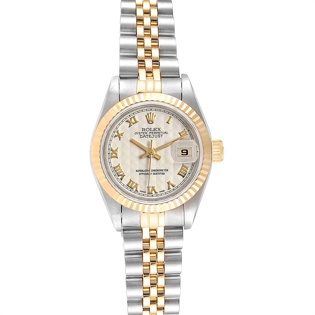 This Rolex Datejust 69173 Women
s Stainless Steel Beige Dial 69173 Women
s Stainless Steel Beige Dial watch is shown from a top-down angle, featuring its dial, bezel, and two-tone bracelet.