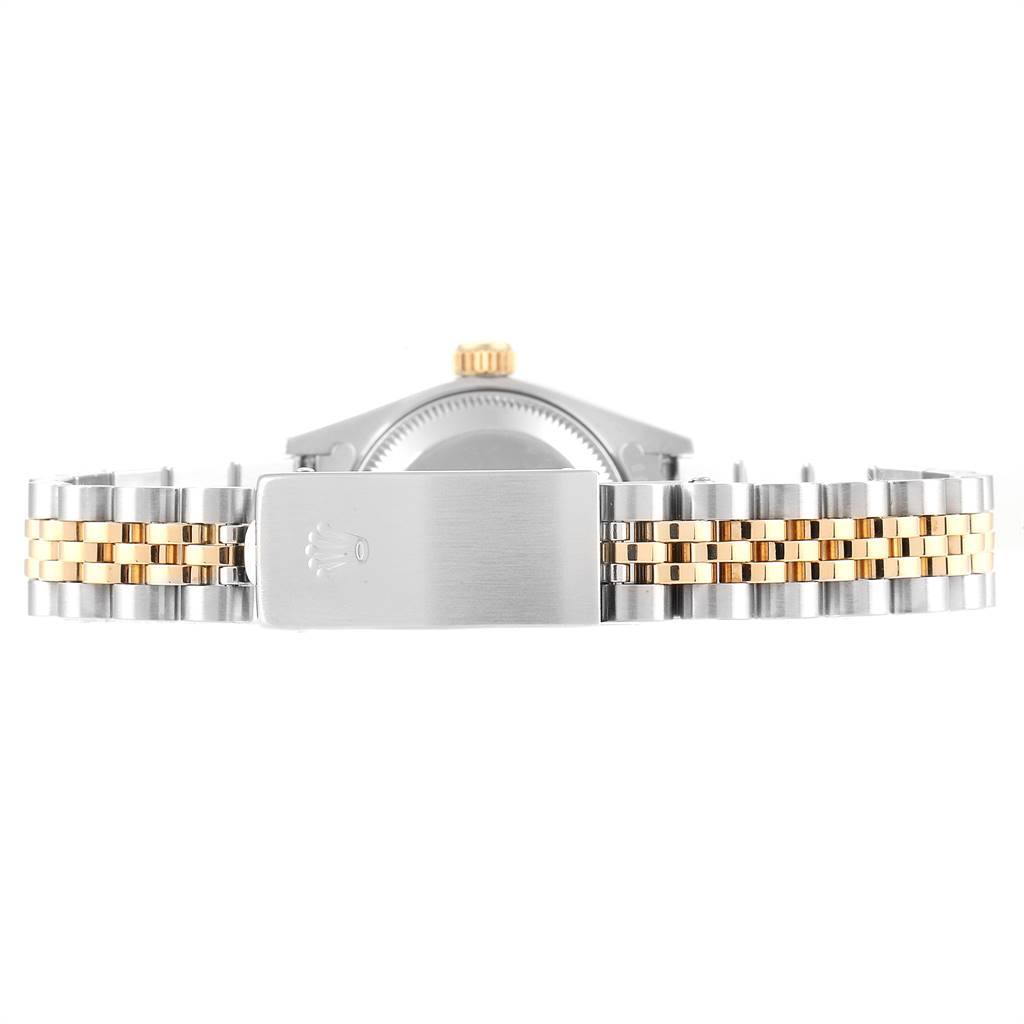 The image shows the back view of a Rolex Datejust 69173 Women
s Stainless Steel Beige Dial 69173 Women
s Stainless Steel Beige Dial watch, focusing on the Jubilee bracelet and clasp.