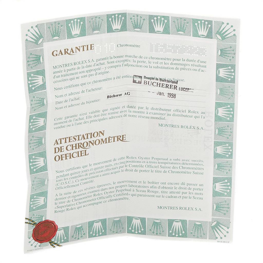 The image shows the warranty and chronometer certification documents for a Rolex Datejust 69173 Women
s Stainless Steel Beige Dial 69173 Women
s Stainless Steel Beige Dial watch.