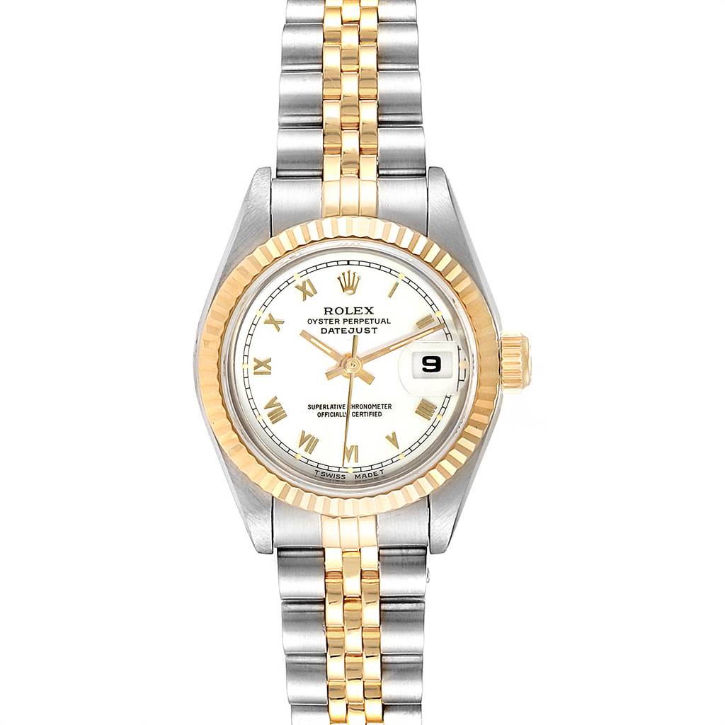 This image shows a front view of a Rolex Datejust 69173 Women's Stainless Steel White Dial 69173 Women's Stainless Steel White Dial watch, highlighting the dial, bezel, crown, and two-tone bracelet.