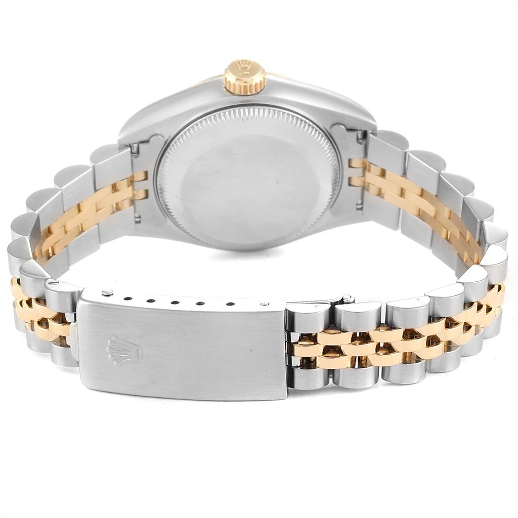 This image shows the back view of a Rolex Datejust 69173 Women's Stainless Steel White Dial 69173 Women's Stainless Steel White Dial watch, including the case back, crown, and two-tone bracelet with the clasp.