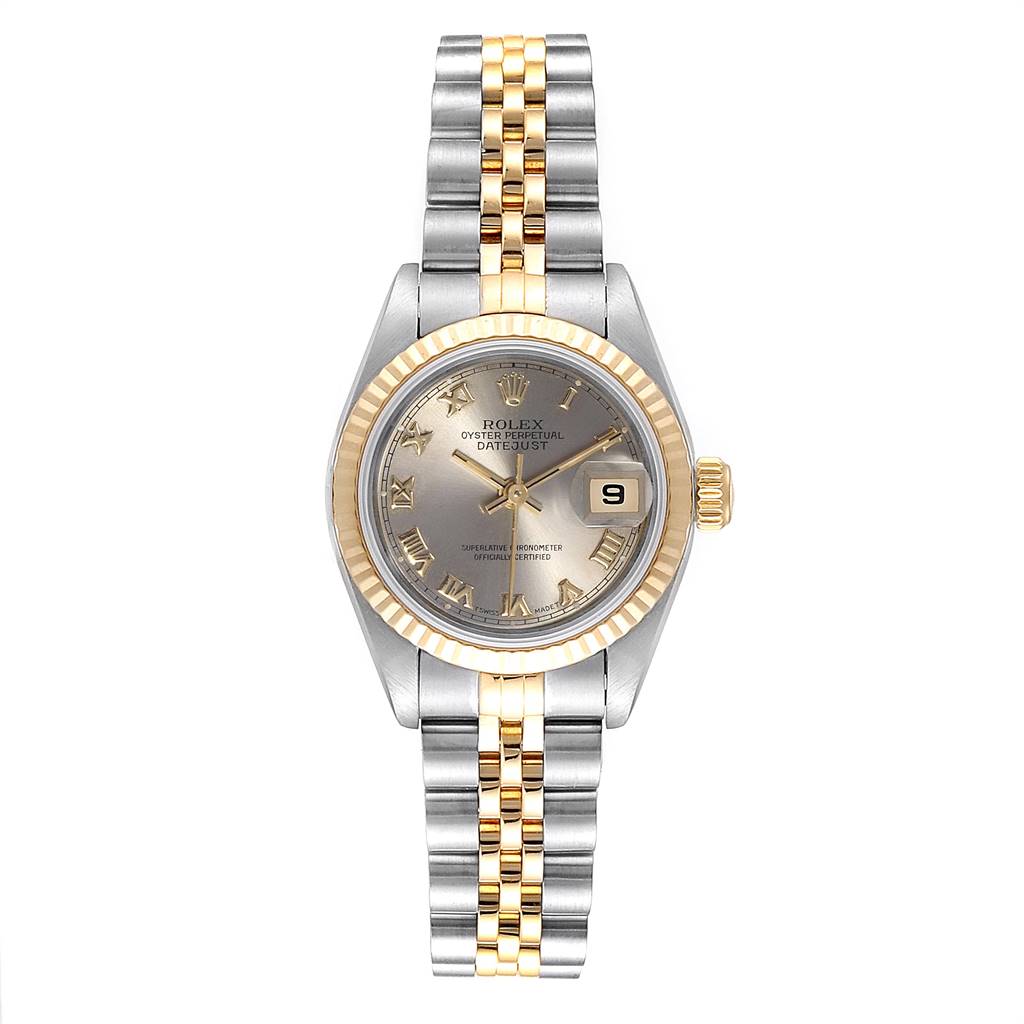 The image shows a Rolex Datejust 69173 Women's Stainless Steel Grey Dial 69173 Women's Stainless Steel Grey Dial watch from the front, featuring a bicolor bracelet, a fluted bezel, and Roman numeral markers.